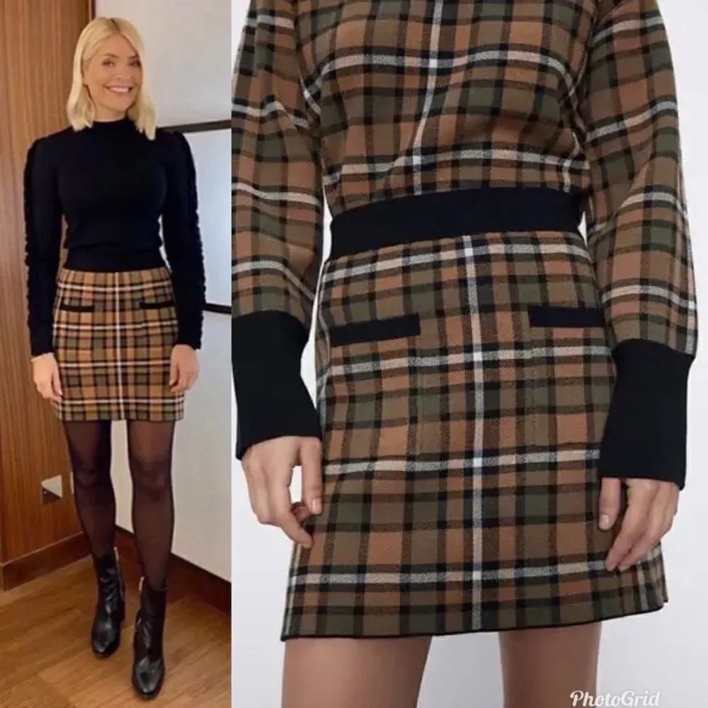Zara Plaid Tan and Black Knit Mini Skirt